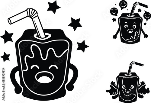 Funny cartoon juice box character with straw and happy expression showing stars and speech bubbles vector illustration set.