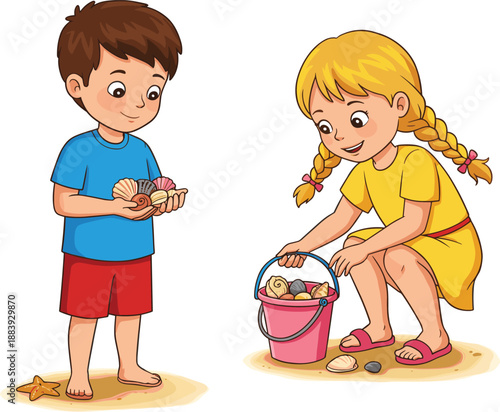 Children collecting seashells on beach, summer vacation fun, starfish discovery, playful kids activity, seaside exploration, ocean treasures, sunny day joy