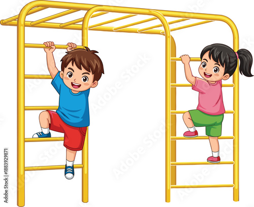 Photography Children climbing monkey bars, yellow jungle gym, outdoor playground activity, p