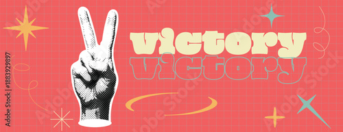 retro vintage pop art style halftone dotted victory hand sign in black and white color for social media banner, website banner, and header template 