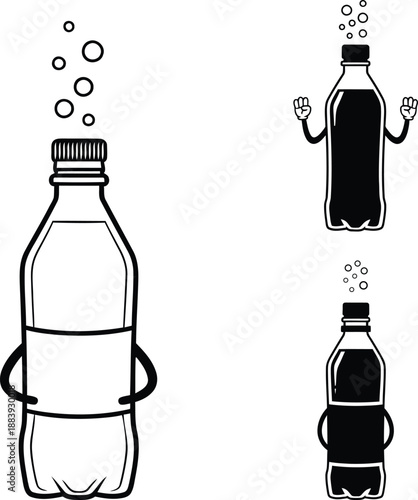 Funny cartoon plastic soda bottle character with bubbles and fizzy gas vector illustration set.