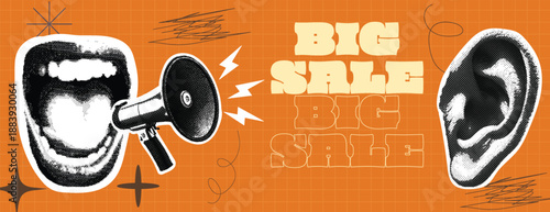 
Retro Sale discount promotion Announcement with retro vintage comic style pop art
Megaphone, ear, and Open screaming Mouth paper cutouts collage for retail event promotion social media cover, banner