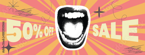 
Retro Sale discount promotion Announcement with retro vintage comic book style pop art Open screaming Mouth paper cutouts collage for retail event promotion social media cover, banner, vintage