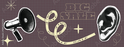 retro vintage pop art style halftone dotted  megaphone and ear in black and white color for sale promotion banner, social media cover, website banner, header template with a comic book style