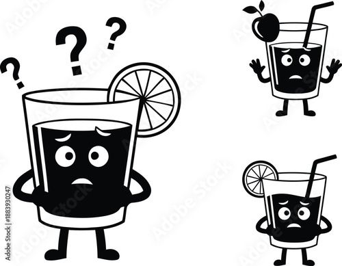 Funny cartoon drink glass character with lemon slice showing confused expression with question marks vector illustration set.