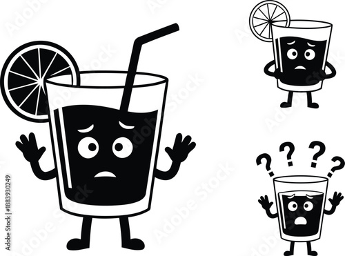 Funny cartoon drink glass character with lemon slice and straw showing confused and shrugging expressions vector illustration set.