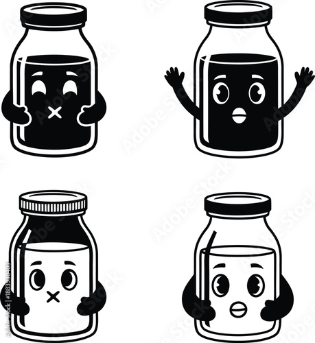 Funny cartoon glass bottle characters with milk and juice showing surprised and closed eye expressions vector illustration set.