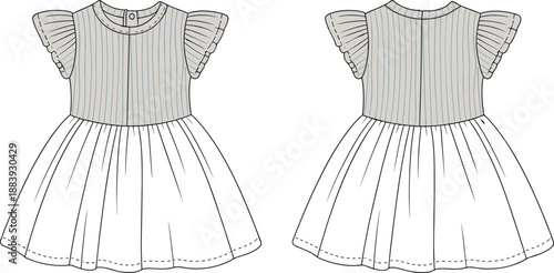 Children dress flat sketch fashion vector, short ruffle sleeve, gathered skirt, striped bodice, sewing pattern, cad drawing flat vector illustration