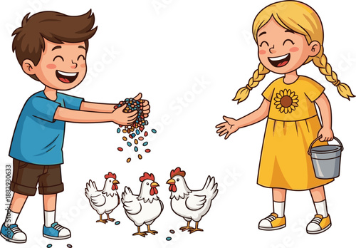 Children feeding chickens on farm, happy kids outdoor activity, rural lifestyle, agriculture learning, animal care, countryside life, childhood joy, farming responsibility