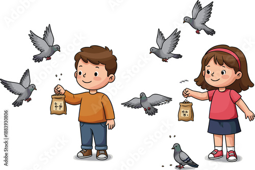 Children feeding pigeons outdoors, cartoon boy and girl, bird interaction, smiling kids, peaceful activity, animal care, fun, cheerful, educational, playful