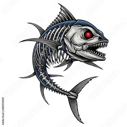 tuna fish skeleton with red eyes and sharp teeth