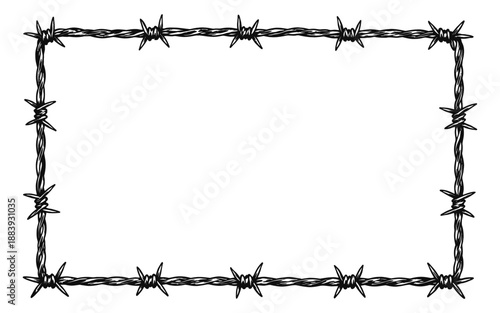 Hand drawn line art illustration of a barbed wire frame depicting a rectangular border for security and design
