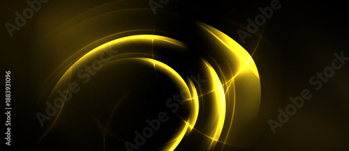 Golden curves radiate from center. Bright light creates dynamic, abstract composition. Dark background emphasizes luminosity.