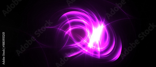Bright purple energy swirls against black background. Light radiates from central point, creating dynamic visual effect.