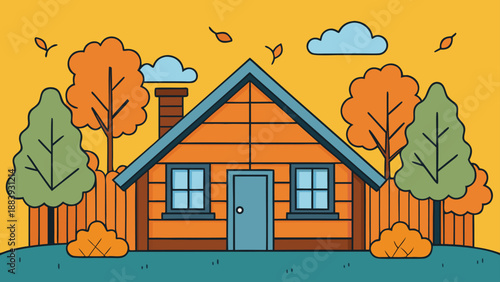 Charming rustic cabin illustration nestled among colorful trees under a bright autumn sky