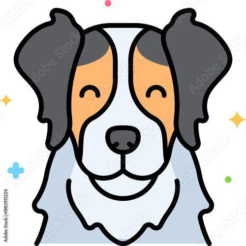Happy tricolor shepherd cartoon dog avatar with fluffy chest, black ears and tan patches, cheerful loyal puppy icon for apps, blogs and branding

