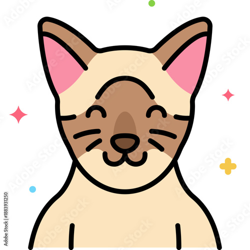 Sweet smiling siamese cat cartoon avatar with cream fur and brown mask, lovable kitten icon for kids designs, pet blogs, emojis and cute stickers

