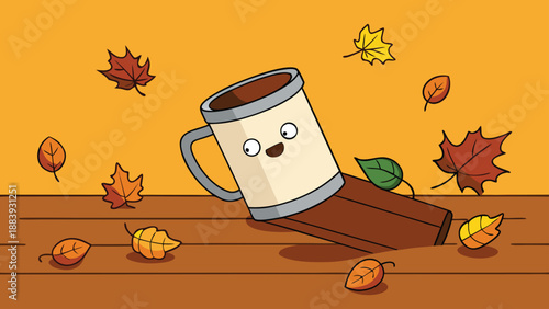 Cute illustrated coffee mug partially buried in wooden planks surrounded by falling autumn leaves