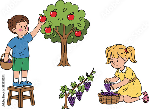 Children harvesting fruit, cartoon kids, apple tree, grapevine, outdoor activity, teamwork, farming, agriculture, healthy lifestyle, nature, garden, orchard, colorful, playful, fun,