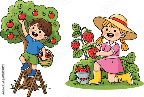 Children harvesting apples and strawberries, boy picking fruit from tree, girl collecting strawberries in garden, healthy lifestyle, farming, gardening, agriculture, outdoors