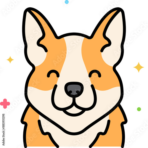 Happy corgi dog cartoon with big ears and sparkles, adorable short legged herding pup mascot illustration icon for kids, apps, stickers and pet brands

