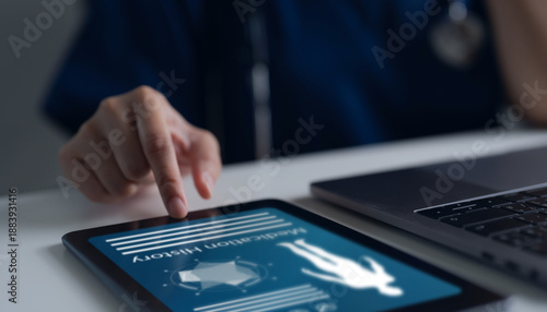 Close-up hand of doctor using digital tablet to access patient's medical history. Doctor searching digital health records, modern healthcare technology and efficient patient data management.