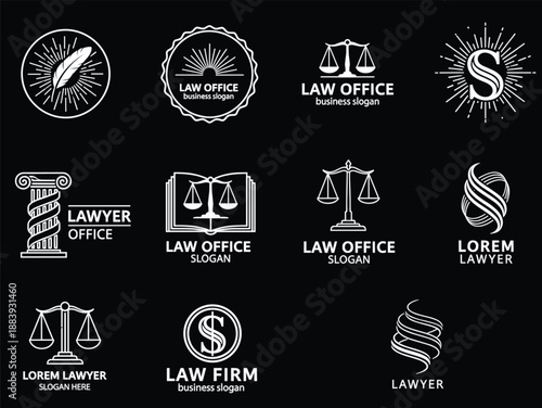 Professional law office and lawyer logo collection with scales of justice icons and legal branding elements for firm identity.