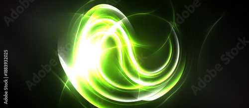 Bright green energy swirls, luminous curves against dark background. Abstract design evokes motion, light intensity.
