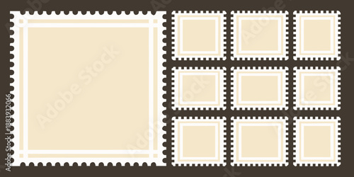 Arrangement of blank postage stamps on a brown background ready for customization