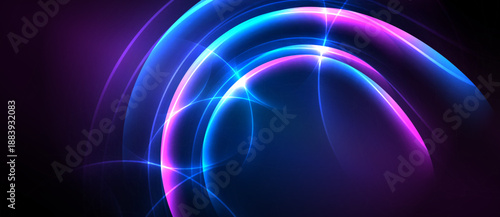 Abstract luminous curves, vibrant purple, blue hues. Dynamic energy radiates from central point, dark background enhances glow.