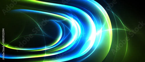Abstract light streaks form flowing curves. Vivid blues, greens create dynamic energy. Dark background emphasizes bright illumination.
