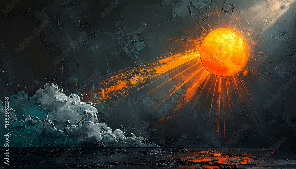 Fototapeta premium Sun painting. Palette knife texture. Orange color. Ray effect. Clouds. Impasto technique. Sky element. Background design. Canvas detail. Art illustration. Painting style. Surface structure.