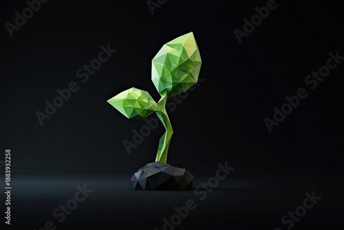 A geometric, low-poly sprouting plant, rendered with polygonal shapes, set against a dark backdrop
