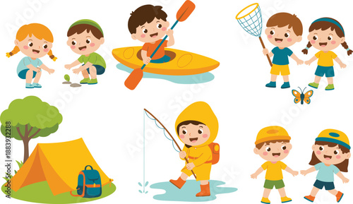 Children outdoor adventure activities, camping, kayaking, fishing, playing in nature, summer fun, nature exploration, kids bonding, hiking and exploring together.