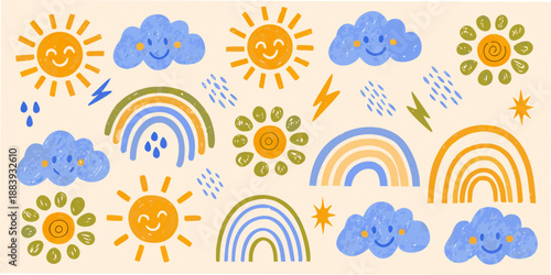 A charming collection of hand drawn weather elements suns clouds rainbows and rain