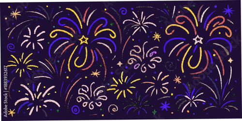 A colorful and vibrant display of fireworks against a dark purple background