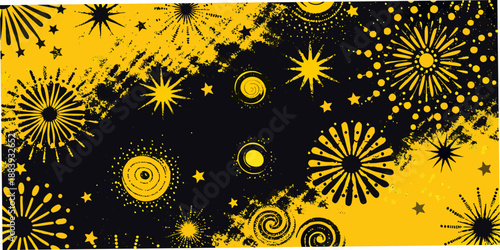 A vibrant display of yellow and black fireworks against a dark background