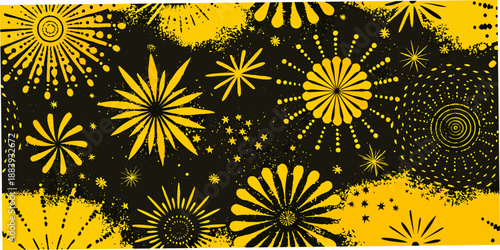 A vibrant abstract pattern of golden fireworks against a dark background