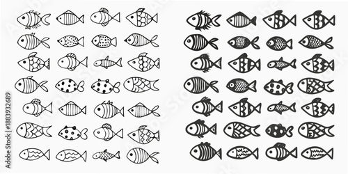 A collection of various black and white fish illustrations in a grid pattern