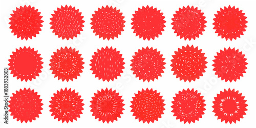A grid of vibrant red starburst stickers arranged in neat rows and columns