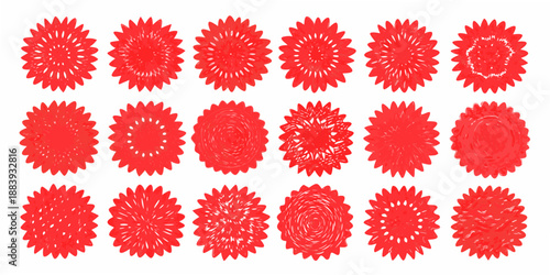A grid of red circular floral patterns with varying degrees of detail