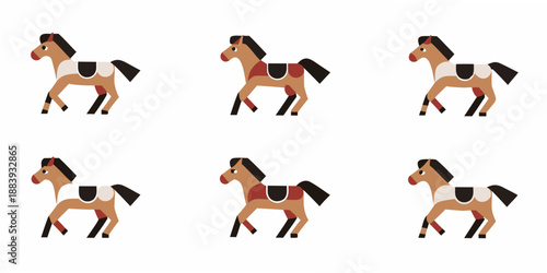 Repeating pattern of stylized brown and white horses on a white background