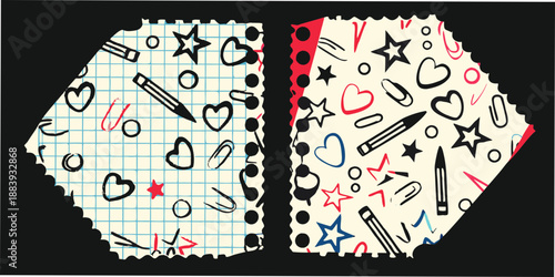 Torn paper with doodles and sketches on a dark background