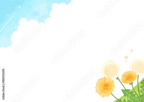 水彩のタンポポと青空の背景イラスト