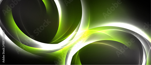 Abstract design features swirling luminous lines, vibrant green hues, dark background. Smooth curves create dynamic visual impact.