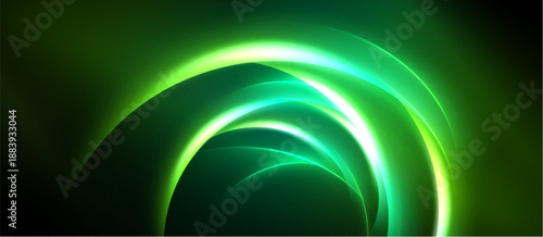 Abstract green light curves radiate from center. Dark background creates dramatic visual effect. Smooth gradients define shapes.