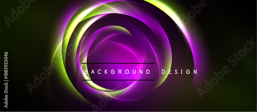 Abstract design features vibrant concentric circles. Purple, green, yellow hues blend against black backdrop. Modern, dynamic visual element.