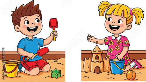 Children playing in sandbox, boy with shovel, girl building sandcastle, colorful buckets, summer fun, outdoor activity, cheerful scene, sunny day