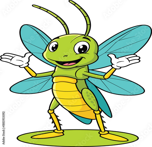 Cute cartoon grasshopper character standing and smiling, colorful vector illustration for kids education, insect learning, nature concept, children books, and playful design use