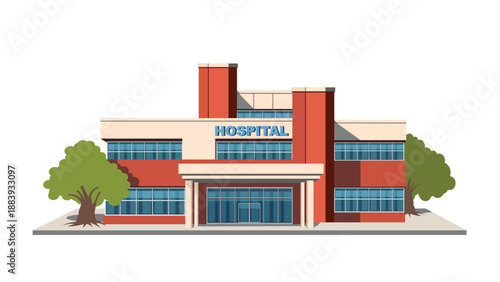 Hospital building with large windows and a clear hospital sign, vector illustration.
